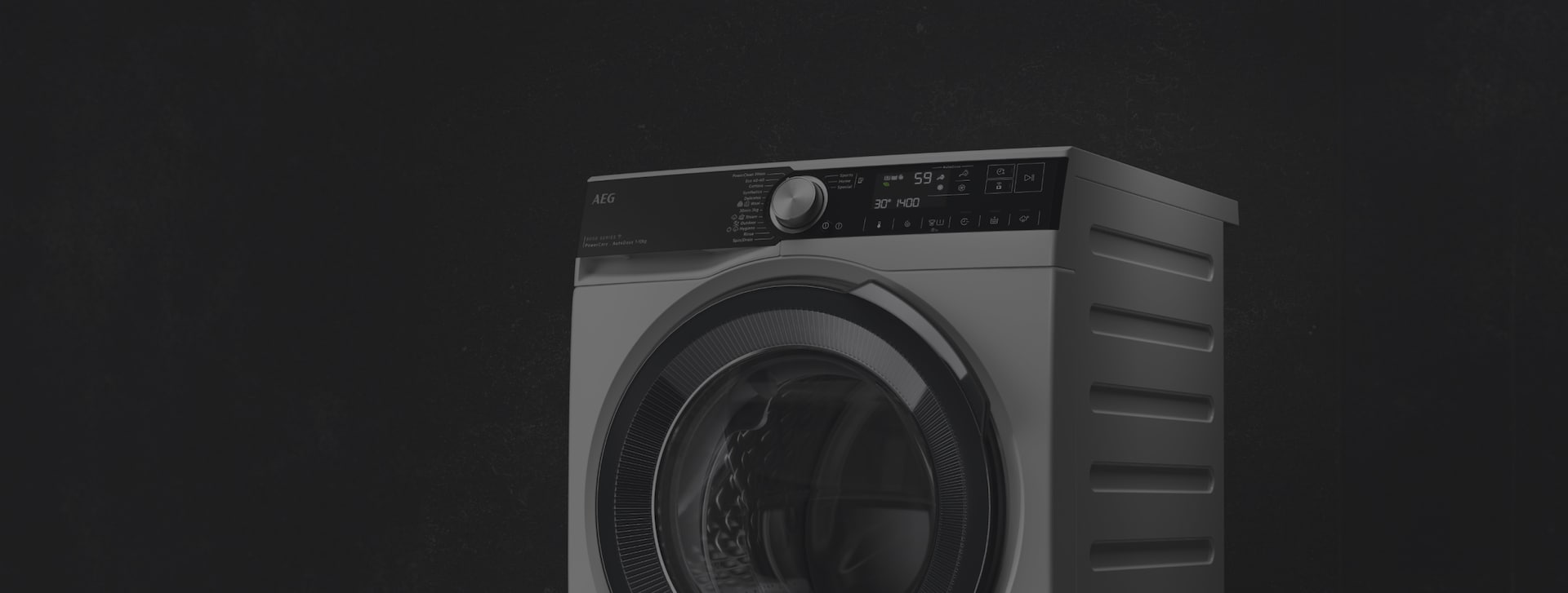 Een zwarte achtergrond met een AEG 10kg wasmachine voor grote ladingen